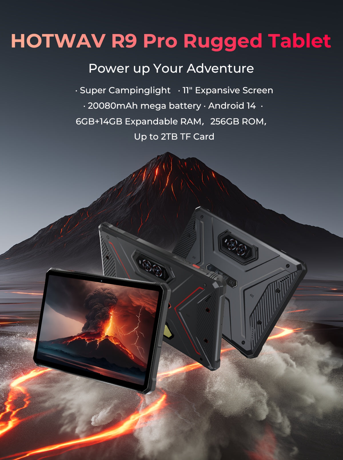 HOTWAV R9 Pro Rugged Tablet Android 14, 11 Inch HD+ Display 20080mAh Tablet, Octa-Core 20GB(14GB Expandable) RAM+256GB ROM+2TB Outdoor Tablet, 64MP+16MP Camera 4G Dual SIM/GPS, Rugged Tablet, Business Tablet, Premium Tablet,