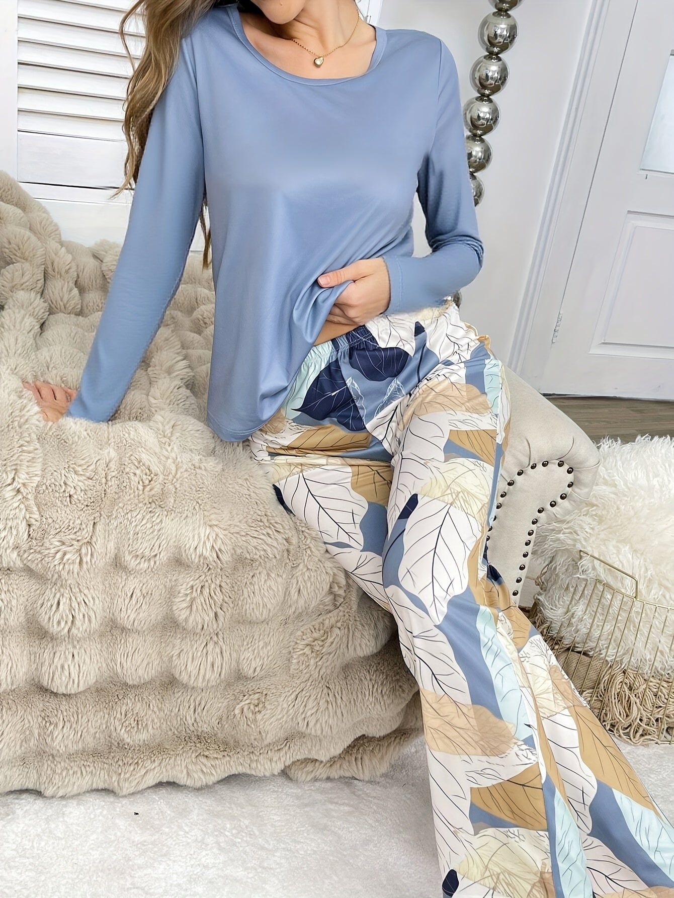 Women's Pajama 2pcs Set, Casual Fall/Winter Sleepwear, Comfortable Home Loungewear, Loose Round Neck Long Sleeve Top and Elastic Waistband Pants, Elegant Holiday Wear, Perfect Gift Choice