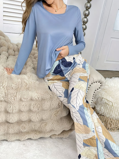 Women's Pajama 2pcs Set, Casual Fall/Winter Sleepwear, Comfortable Home Loungewear, Loose Round Neck Long Sleeve Top and Elastic Waistband Pants, Elegant Holiday Wear, Perfect Gift Choice