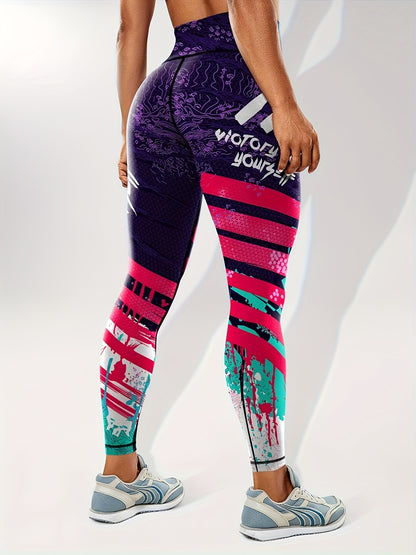 Women's Fashion Color Block Splash Print Yoga Pants, Striped Print Breathable Stretchy Butt Lifting Yoga Workout Running Sports Leggings, Women's Activewear
