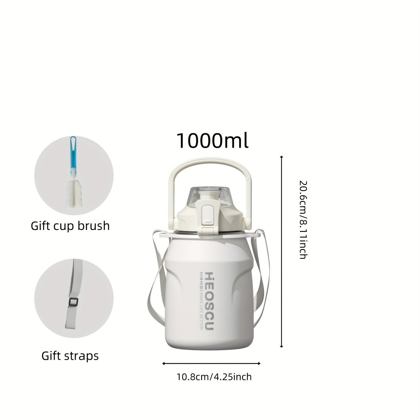 Garrafa térmica em aço inoxidável, mantém a temperatura quente ou fria durante 24 horas, com palhinha e pega/correia, caneca térmica de viagem com parede dupla, livre de BPA.