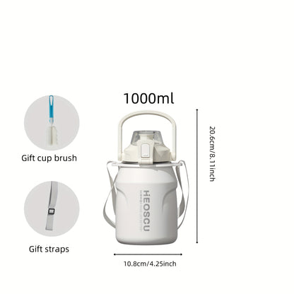 Garrafa térmica em aço inoxidável, mantém a temperatura quente ou fria durante 24 horas, com palhinha e pega/correia, caneca térmica de viagem com parede dupla, livre de BPA.