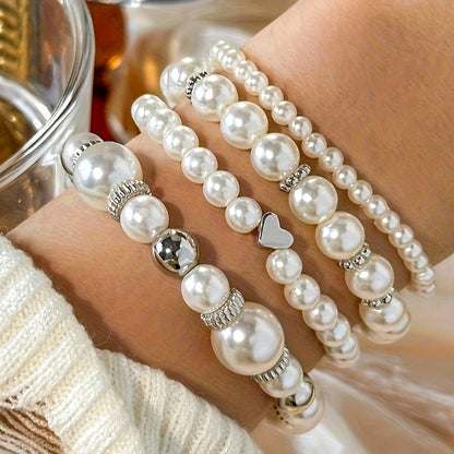 4pcs Set Real-Looking Faux Imitation Pearl Bracelet & Necklace-like Bead Set (No Coating) - White & Imitation Pearl with Golden-Tone Caps, Matching Large Beads - Wedding, Party, Daily Wear - Luxury Year-Round Collection for W