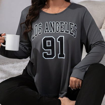 Women'S Plus Size Los Angeles 91 Graphic Pajama Set - Gray & Black Long Sleeve Crew Neck Top with Matching Pants, Stretchy & Comfy Loungewear, Pajama Sets for Adults