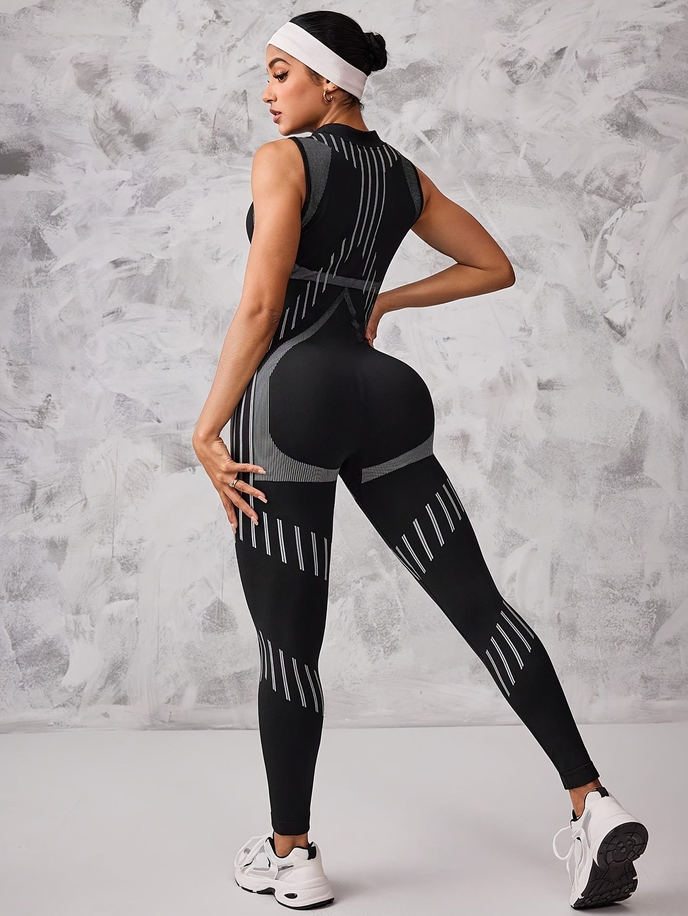 Women's Full-Zip High-Neck Jumpsuit - Seamless Bodysuit with Full-Length Zipper, Striped Leggings & Top, Machine Washable Stretch for,,, Outdoor & Daily Wear - All-Season