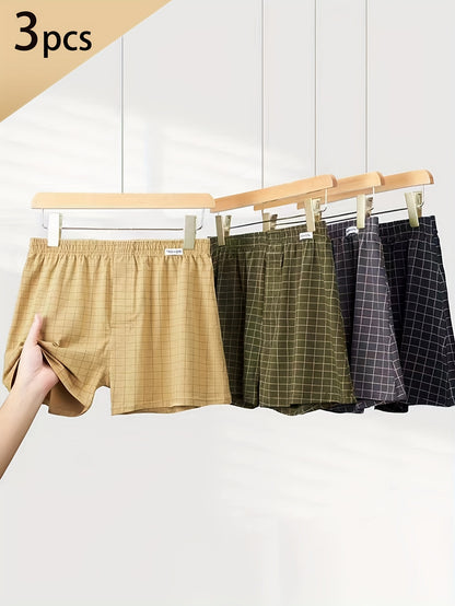 3pcs Men'S Loose Fit Plaid Boxer Briefs - 95% Mid-Rise Athletic Shorts with Elastic Waistband, Breathable & Comfortable for Casual Attire, Black/White/Beige/White/Gray/Beige, Everyday Comfort Shorts | Relaxed Fit Shorts | Med