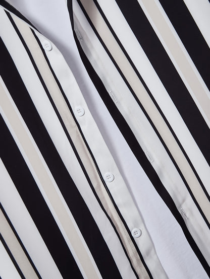2pcs Men's Stripe Pattern Color Block Short Sleeve Button Shirt & Loose Shorts, Men's Casual Outfit For Summer Vacation