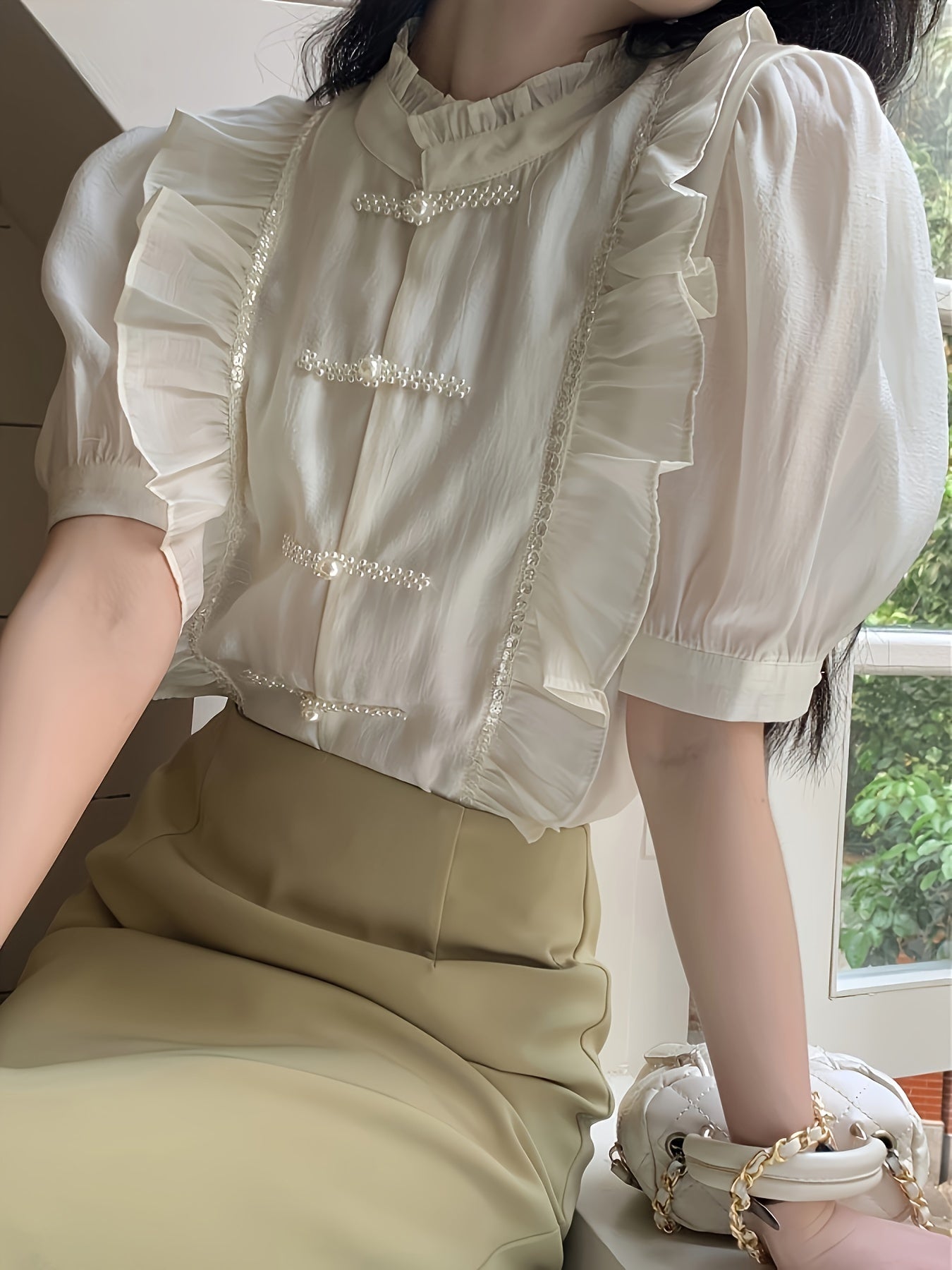 Beaded Button Front Ruffle Trim Blouse, Chic & Elegant Frill Neck Puff Sleeve Blouse For Spring & Summer, Women's Clothing