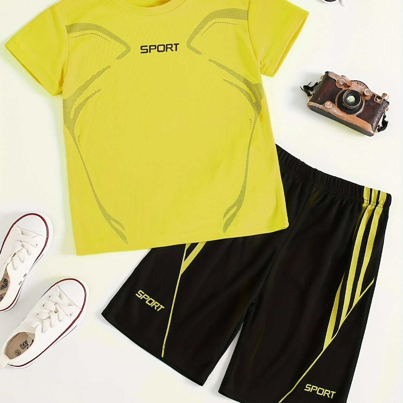 2pcs Boy's "Sport" Outfit Short Sleeves Round Neck T-shirt & Shorts Casual For Summer Daily And Outdoor Wear