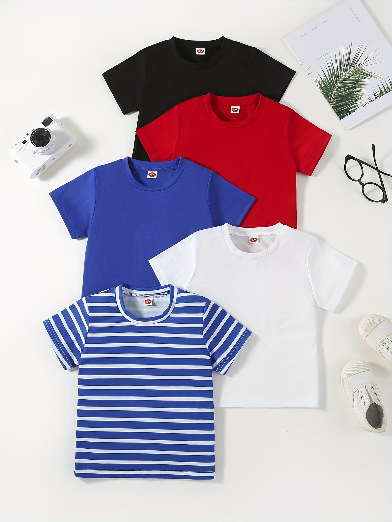 5pcs Solid Color & Striped Round Neck T-shirt Tees Tops Casual Soft Comfortable, Boys And Girls Summer Clothes