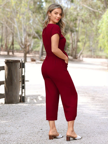 Button Front V Neck Jumpsuit, Elegant Short Sleeve Belted Jumpsuit for Spring & Summer, Women'S Clothing