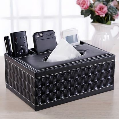 LDQ Multi-Functional Faux Leather Tissue&Storage Box with 4 Compartments Includes Remote Control&Household Napkin Storage, Wipe-Clean in Seconds, Ideal for Living Room, Study&Café Countertops Perfect for Home Supplies Back t