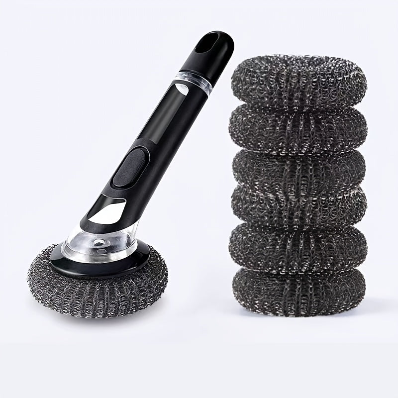 Conjunto de 7 peças de escova de cozinha multifuncional com 6 bolas e dispensador de sabão. Escova de cabo longo não elétrica para panelas, taças e utensílios. Design fácil de usar, recarregável e eficiente.