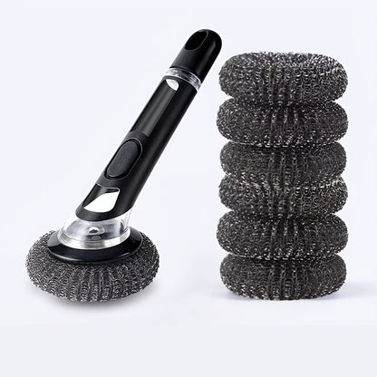 Conjunto de 7 peças de escova de cozinha multifuncional com 6 bolas e dispensador de sabão. Escova de cabo longo não elétrica para panelas, taças e utensílios. Design fácil de usar, recarregável e eficiente.