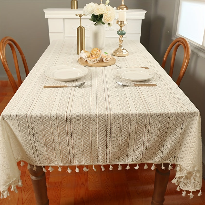 1pc Beige Crochet Hollow Tablecloth, Boho Household Stain Resistant Waterproof Oil-proof, Washable Table Cover, Suitable For Picnics, Camping, Weddings, Birthday Parties, Restaurants, And Buffets, Tabletop Protection, Home Ki