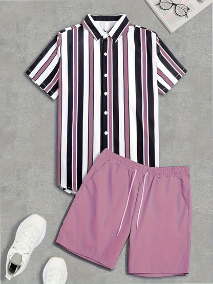 2pcs Men's Stripe Pattern Color Block Short Sleeve Button Shirt & Loose Shorts, Men's Casual Outfit For Summer Vacation