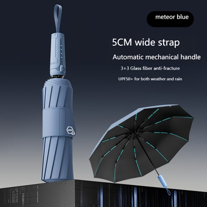 10 bone 3+3 glass fiber bone automatic folding umbrella, enlarged and thickened black rubber sunscreen coating, reinforced protective aluminum alloy skeleton, simple solid color design, unisex business sunshade dual-use umbre