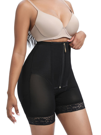 Women'S Double-Layer Compression Waist Trainer with Zipper - High Support, Shape-Fitting Workout Belt & Shorts, Black with Lace Detail, 1pc, Shape Fitting Belt|Zippered Waistband|Compression Support, Waist Trainer