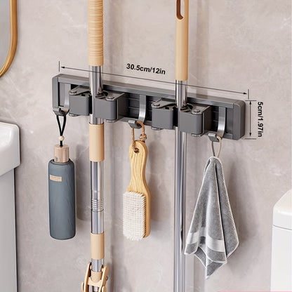 Bathroom Storage Rack Metal Mop & Broom Holder with Adjustable Hooks, Wall-Mounted Storage Organizer for Home, Kitchen, Garden, Laundry, Garage - Lacquered, Space-Saving Shelf for Mops, Brooms, Tools, Shelves