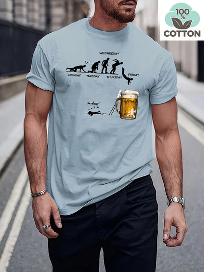 Men'S 100% Cotton Graphic T-Shirt - "Wednesday" Beer Mug Design, Casual Crew Neck, Short Sleeve, Regular Fit, 210g/㎡, Perfect for Barbecues & Parties, Party Tshirt | Playful Design | Durable Fabri