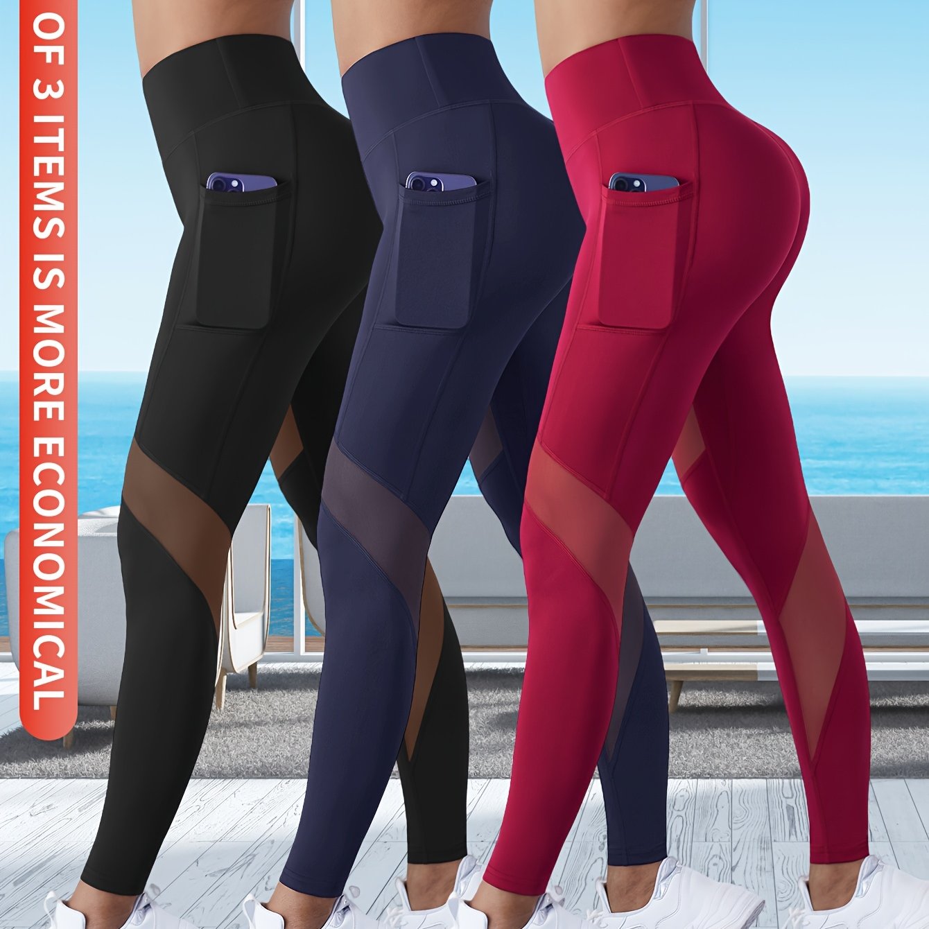 3-Pack Women'S High Waist Capri Yoga Pants, Moisture-Wicking Sports Leggings with Pockets, Breathable Polyester Knit Athletic Tights for Outdoor Fitness, Solid Color, 3/4 Length