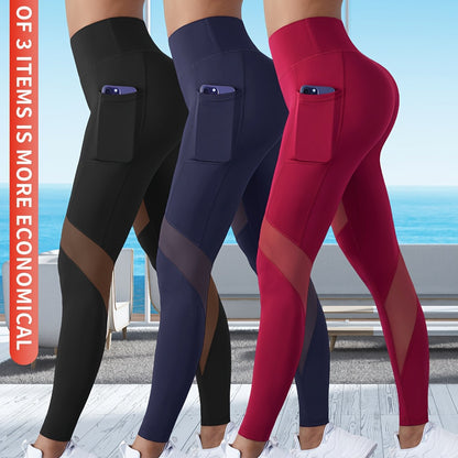 3-Pack Women'S High Waist Capri Yoga Pants, Moisture-Wicking Sports Leggings with Pockets, Breathable Polyester Knit Athletic Tights for Outdoor Fitness, Solid Color, 3/4 Length
