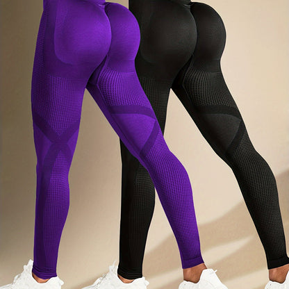 Two Solid Color High-Elasticity Fitness Yoga Leggings - Abdominal Control, Pleated, Elastic Waistband, Long Length, Made of Polyamide And Elastic Materials - Suitable for Women'S Activewear, Exercise, And All Seasons.