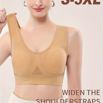 Solid Color Breathable Sports Bra, Round Neck High Stretch Hollow Out Fitness Top, Women's Activewear