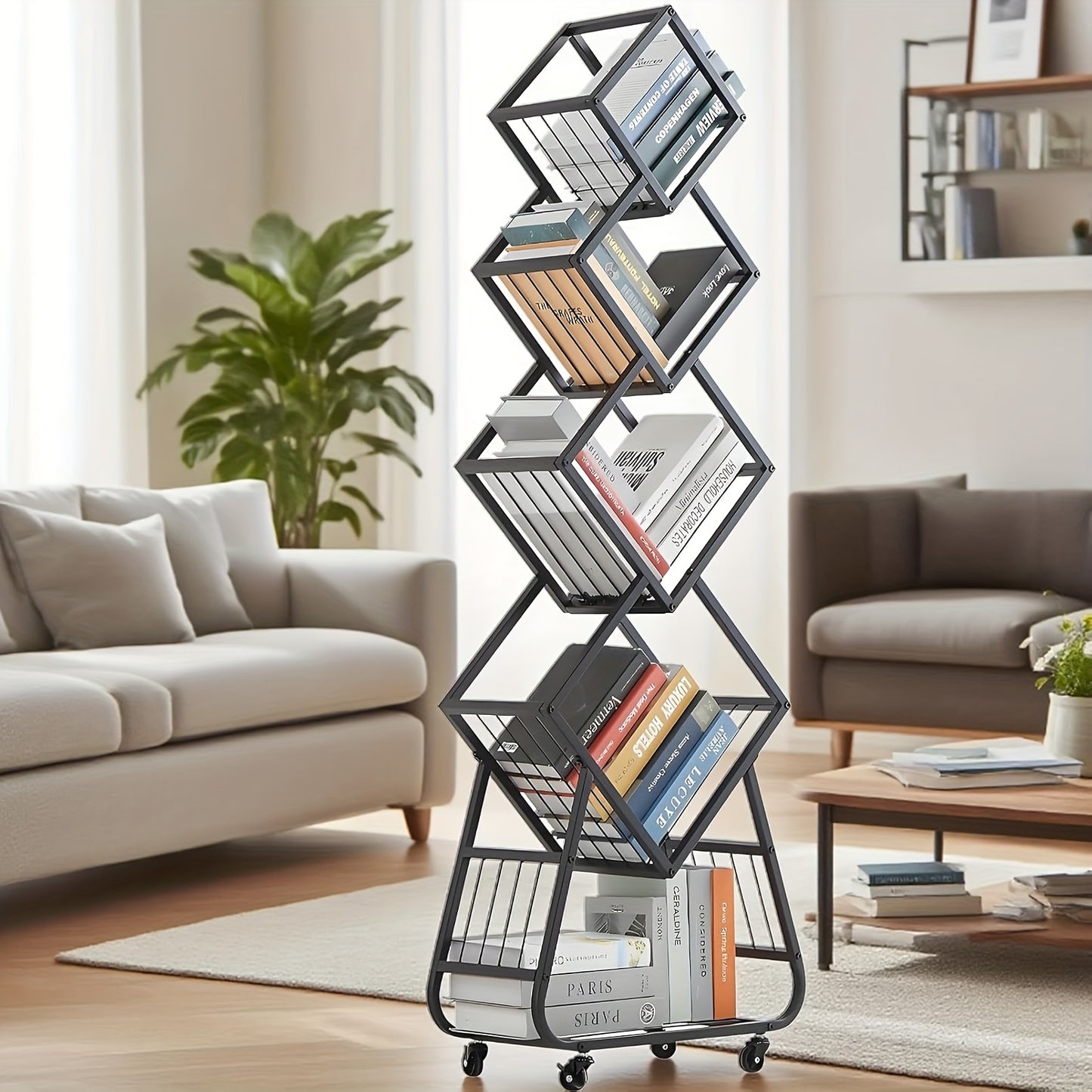 5-Tier Rotating Bookshelf with Wheels - Heavy-Duty Modern Minimalist Bookcase, 360° Swivel Shelf, Space-Saving Storage Organizer for Home Office, Living Room, Bedroom - Easy-Move Casters (Black), Bookshelf Decorations, Versa