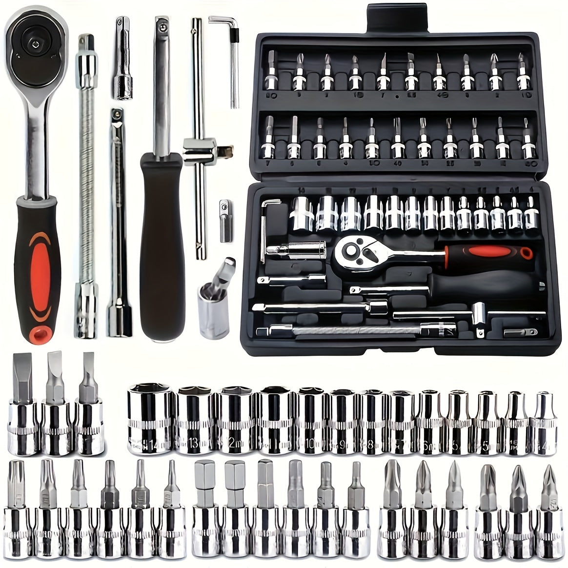 46pcs Car Repair Tool Kit, 1/4 Inch Ratchet Wrench Set with Versatile Bit Socket Set And Extension Bar, Combo Tools Kit, for Car, Motorcycle & Bicycle Repair