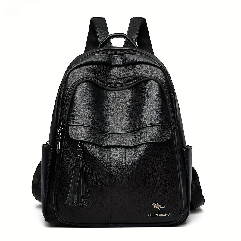 Women's 2025 New Style Synthetic Backpack with Tassel Charm - Glossy Black Soft Shell Travel Backpack, Detachable Adjustable Shoulder Straps & Zipper Closure, Spacious Laptop Compartment & Practical Pockets for Work, School,