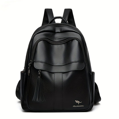 Women's 2025 New Style Synthetic Backpack with Tassel Charm - Glossy Black Soft Shell Travel Backpack, Detachable Adjustable Shoulder Straps & Zipper Closure, Spacious Laptop Compartment & Practical Pockets for Work, School,
