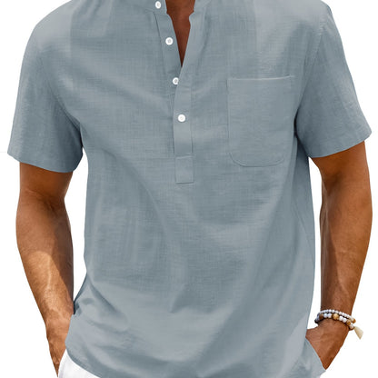 Men's Shirt Top, Solid Band Collar Short Sleeve Closure Summer Male Casual Henley Shirt For Daily Business Formal Shirts For Men