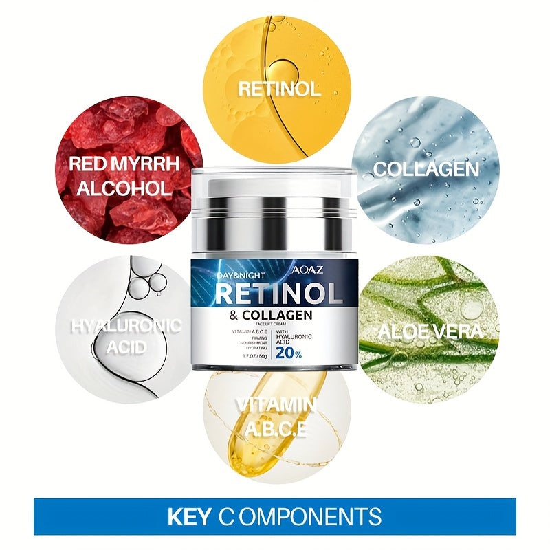 50ml/1.7oz Retinol Moisturizing Cream, Hypoallergenic, Enriched with 20% Retinol, Collagen, Hyaluronic Acid, Vitamins A.B.C.E, for All Skin Types, to Achieve Youthful, Hydrated Skin
