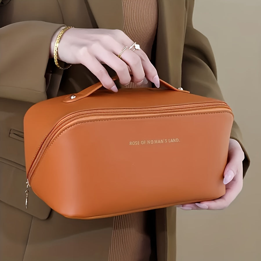 1pc Fashionable Artificial Leather Makeup Bag, Portable Travel Cosmetic Organizer with Handle, Large Capacity Toiletry Storage Pouch, Ideal for Christmas, Halloween, Thanksgiving Gift - No Fragrance