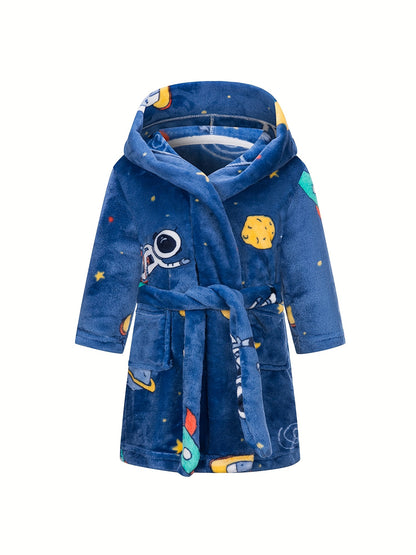 Kids Flannel Bathrobes Boys Hoodie Robes Soft Astronaut Planet Print Sleepwear Kids Clothes