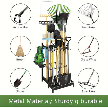 Faridabio Heavy-Duty Metal Garden Tool Organizer with Hooks - Multi-Tiered Utility Storage Rack for Long-Handled Tools, Broom, Shovel, Rake - Sturdy Outdoor Patio Storage Rack, Black (Assembly Required)