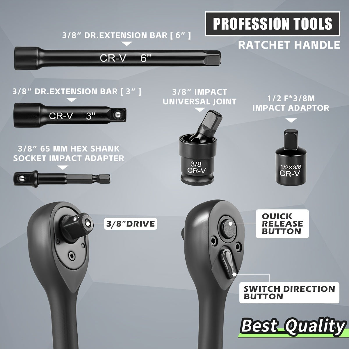 3/8" Drive Impact Socket Set, 6 Point 50pcs Standard Metric (8-22mm) & SAE (5/16-3/4-Inch) CR-V Steel Sockets with Adapters & Ratchet Handle, Nice Gifts