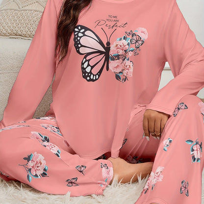 Adult Butterfly Print Pajama Set - Casual Spring/Fall Polyester Knit Fabric, Elasticity, Long Sleeve Pants, Home Pajama Set for Adults