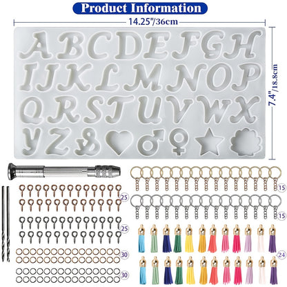 168pcs Obverse Alphabet Resin Molds Kit, Silicone Molds for Resin Casting DIY, Letter & Ornament Epoxy Molds Resin Keychain Making Set with 1 Hand Drill 2 Drill Bits 164pcs Keychain Supplies