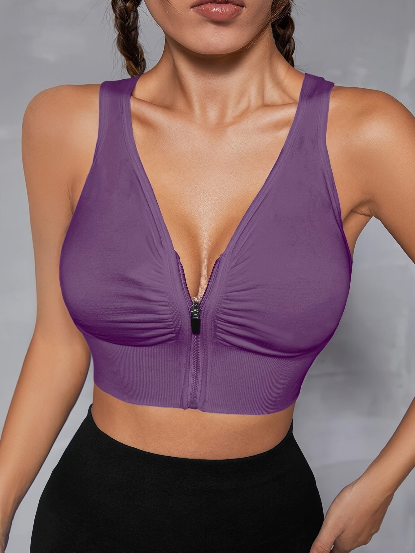 Women's Seamless Sports Bra With Zipper Front, Wide Shoulder Straps, Padded, Wire-Free, Comfort Fit, Racerback, Gym Fitness Yoga Bra Top