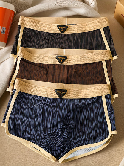 3pcs Men'S Boxer Briefs - Breathable, Comfortable, Stretchy Ribbed Striped Underwear in, Green, and, Perfect for Casual Attire or Sports, Comfortable Underwear | Ribbed Texture | Medium Elasticity