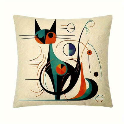 Conjunto de 4 capas de almofada decorativas em linho tecido, com estampa abstrata de gato de Kandinsky, estilo industrial, com fecho, ideais para sofá, quarto, carro e escritório - Laváveis ​​à máquina