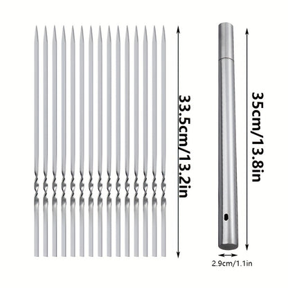15pcs Stainless Steel Skewers & 1 Tube Storage For Barbecue, Reusable Grill Skewers, Shish Kebab BBQ Camping Flat Forks Gadgets, Outdoor Camping Picnic, Cookware Barbecue Tool Accessories