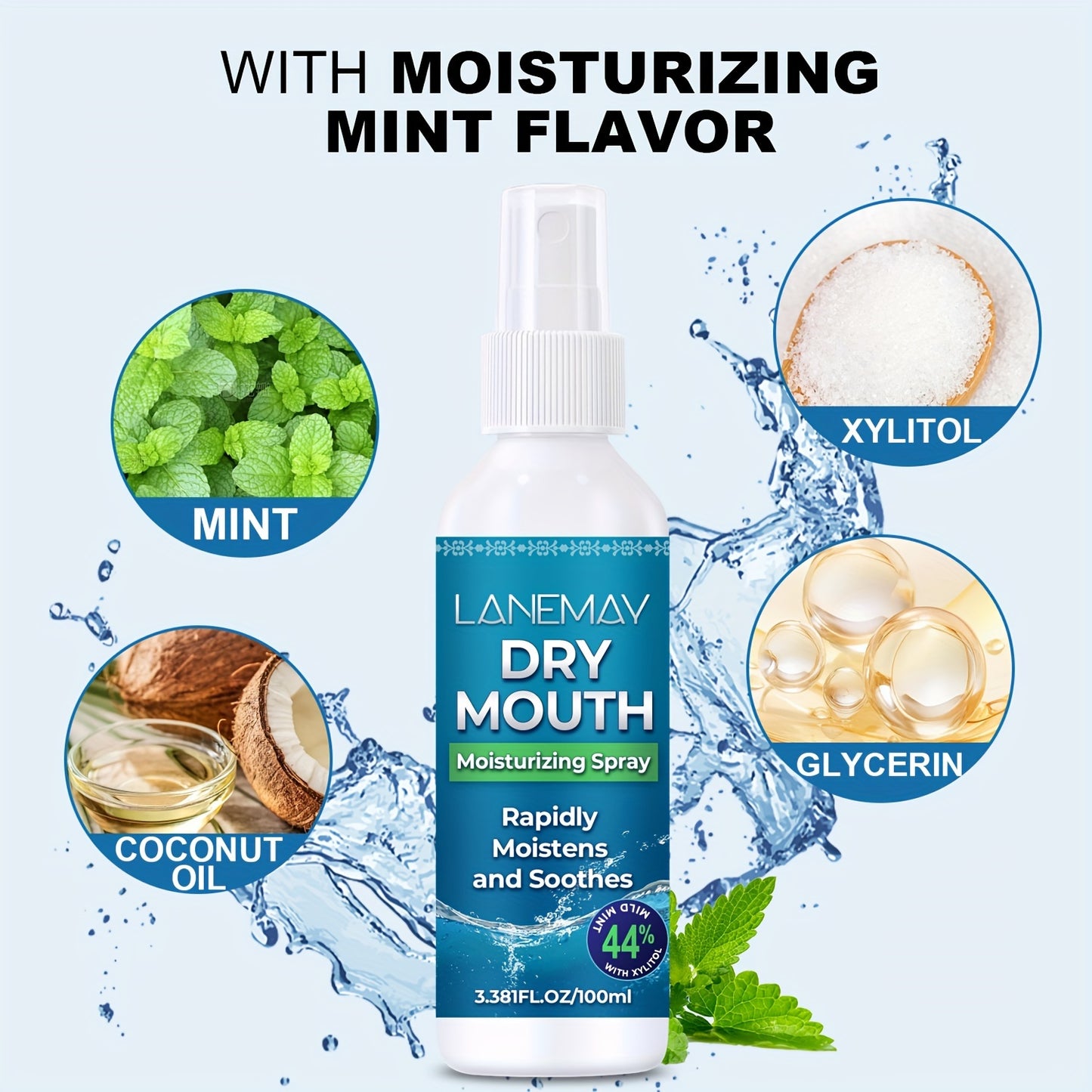 Lanemay Dry Mouth Moisturizing Spray 1.01fl.oz. - Stimulates Saliva for Fresh Breath, Reduces Acid, Fast-Acting Relief, Extended Effect, Natural Ingredients, Ideal for Adults