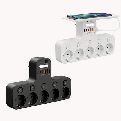 European 5-Pin Socket Extension with 3 USB-A and 3 USB-C Ports, Overload Protection, Smart Light Sensor, 4000W, 16A, Ideal for Home, Outdoor, and Office Use, Outdoor Power Supply, Modern Power Outlet, Durable Power Outlet