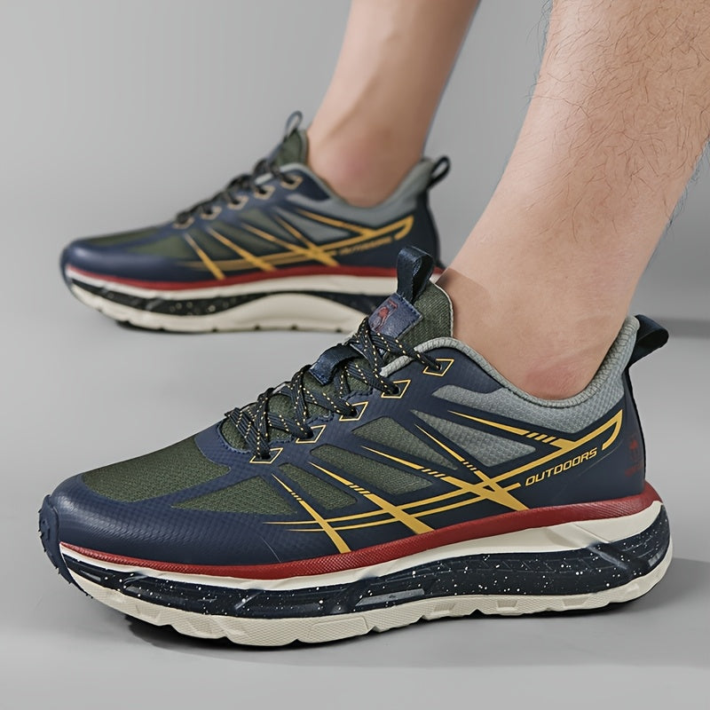 Men's All-Season Breathable Sneakers - Non-Slip Cushioned MD Sole, White/Gray/, Lace-Up Mid-Top Sneakers for Running, Gym, Hiking, Everyday - Extended Sizes Available, Outdoor Activities, Geometric Pattern, Secure Fit, Versat