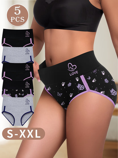 5pcs Women'S High-Waisted Shapewear Briefs - Comfortable Two-Tone Design with "LOVE" Heart & Paw Print Patterns, Breathable Polyester Blend, Sizes S-XXL, Cute Underwear, Highwaisted Underwear, Elegant Underwear, Comfortable F