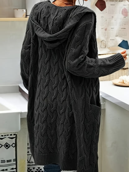 Women's Mid-Length Hooded Cardigan - Soft Stretchy Solid Color Long Sleeve Open Front Sweater with Pockets, Machine Washable Casual Elegance for Fall Winter, Everyday Comfort Wear, Stylish Hooded Design, Comfortable Fit