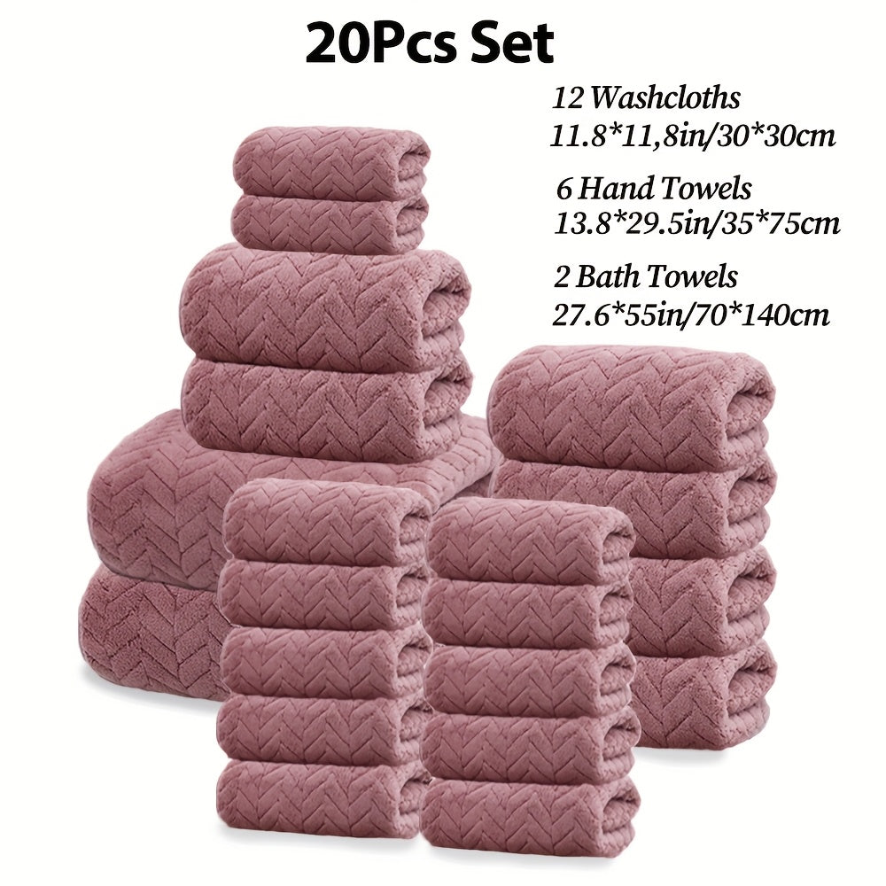 20pcs Bathroom Towel Set, Including 12 Wash Towels + 6 Towels + 2 Large Towels, Made of Microfiber, Multi-Color Available, Soft And Comfortable, with Lanyard Design, Suitable for Bathroom And Hotel, For Body, Face Towel, Bath